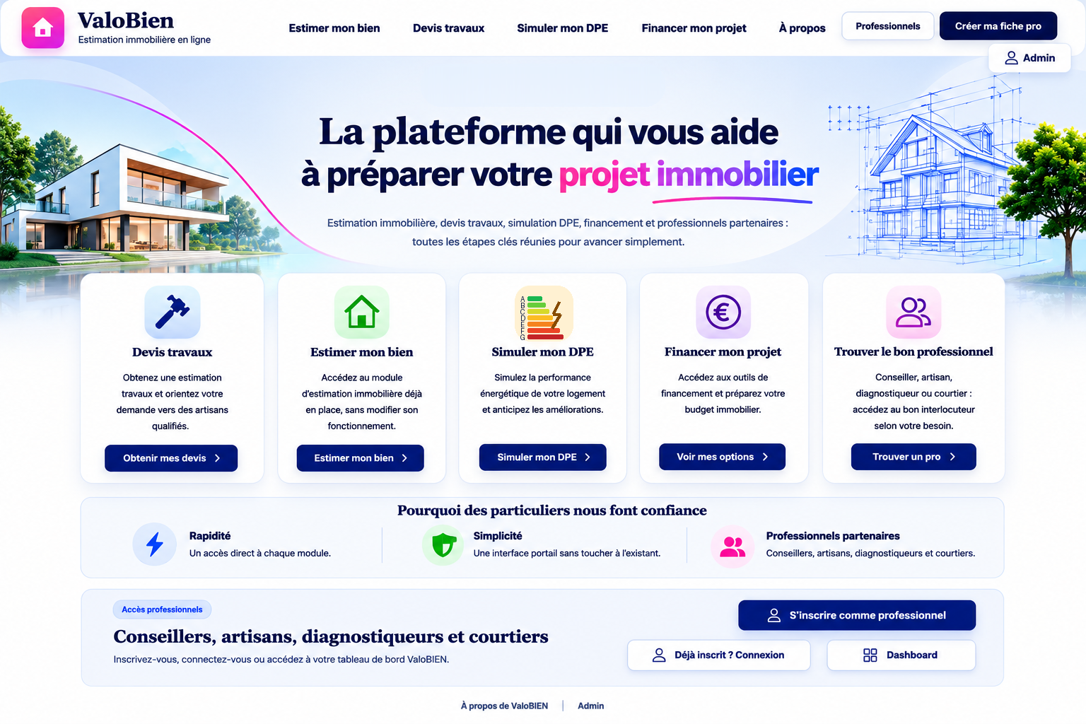 ValoBIEN - plateforme immobilière, devis travaux, DPE, financement et professionnels
